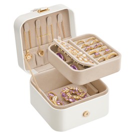 SONGMICS Jewelry Box, Travel Jewelry Case, 2-Layer Jewelry Holder Organizer, 4.4 x 4.6 x 2.8 Inches, Cloud White UJBC185W03