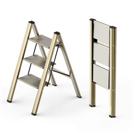 WOA WOA 3 Step Ladder, Foldable Step Stool, Aluminum Lightweight Ladder for Home Kitchen Closet, Anti-Slip Pedals, Ease of Folding, Portable, 300lbs Capacity - Gold