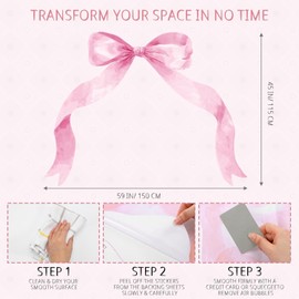 Pink Bow Watercolor Wall Stickers - 59 x 45 Inch （150x115cm） Nursery Decor, Peel & Stick Vinyl Decals for Girls Room, Waterproof Wall Art