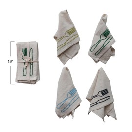 Creative Co-Op 4-Piece Square Cotton and Linen Embroidered Napkins with Utensils, Natural