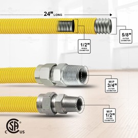 Gas Connector 24 inch Yellow Coated Stainless Steel, 5/8” OD Flexible Gas Hose Connector for Gas Range, Furnace, Stove with 1/2” MIP x 3/4" MIP Stainless Steel Fittings, 24” Gas Appliance Supply Line