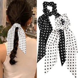 Long Hair Ribbon Ties for Women Bow Satin Scrunchies Hair Accessories Elastic Ribbon Hair Ties, Scrunchie Bow Hair Ties Silk Hair Scarf Scrunchie (Black+White, One size)