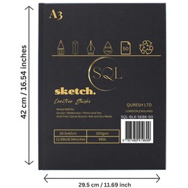 SQL A3 Sketchbook, Hardcover Sketch Book with 160GSM Thick Paper, Spiral Bound Sketch Pad A3, Drawing Pad for Sketching, Portrait, 50 Sheets / 100 Pages