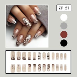 24Pcs Medium Press on Nails French Flower Fake Nails Glossy Acrylic Nails Square Shape Glue on Nails Glitter Design Nude False Nail Full Cover Stick on Nails Cute Artificial Nails for Women Nail Decor