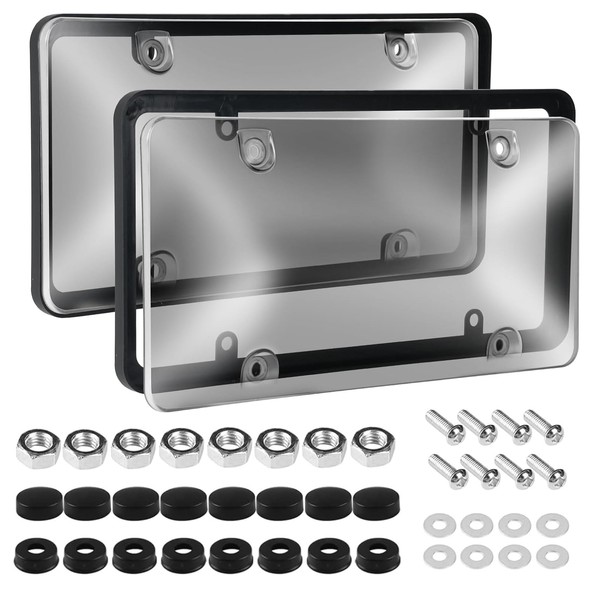 2 Pack Black License Plate Frame + Clear Cover Scratch