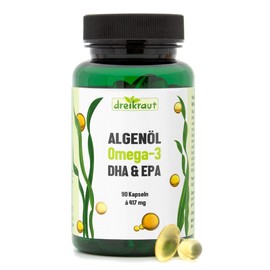 Algae Oil Omega-3, dreikraut DHA & EPA, 90 Vegan Capsules, Monthly Pack, 1251 mg per Day, Made in Germany