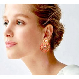 Touchstone Indian Bollywood Round Bali Shape Traditional Kundan Polki Jadau Faux Ruby Long Bridal Designer Jewelry Chandelier Earrings For Women In Antique Gold Tone.