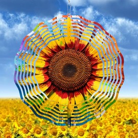 Sunflower Wind Spinners Outdoor 3D Stainless Steel Sculptures Hanging Wind Spinner Metal Garden Decor Sunflower Ornament Gifts for Women/Men 10inch Garden Decor 10inch
