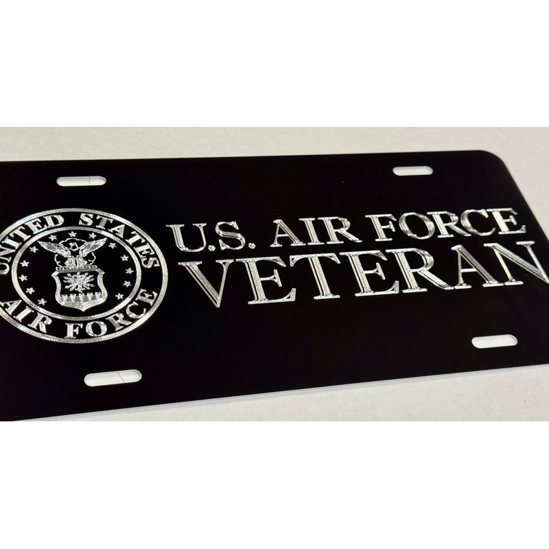 Bold Engraved US Air Force Veteran Aluminum Metal Black Diamond