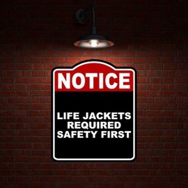 LIFE JACKETS REQUIRED SAFETY FIRST Notice Red Black Aluminum Composite Sign 20 x 24 inches