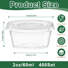 400 Pack 2 Oz Disposable Plastic Portion Cups with Lids, Small Jello Shot Cups, Plastic Containers Souffle Cup Condiment Containers with Lids Sauce Cups for Salad Dressing and Meal Prep -2oz/60ml