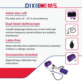 Dixie EMS Aneroid Sphygmomanometer and Dual Head Stethoscope Set with Adult Size Blood Pressure Cuff, Calibration Key and Carrying Case – Purple