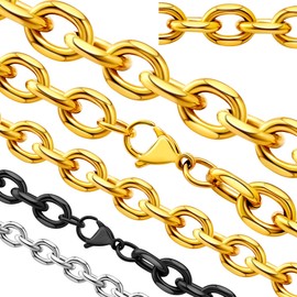 Oaldilee Mens Gold Cable Chain Necklace, Punk Jewellery Hip Hop Style Chains, 3MM 24" Sturdy Rolo Cable Link Chain for Men