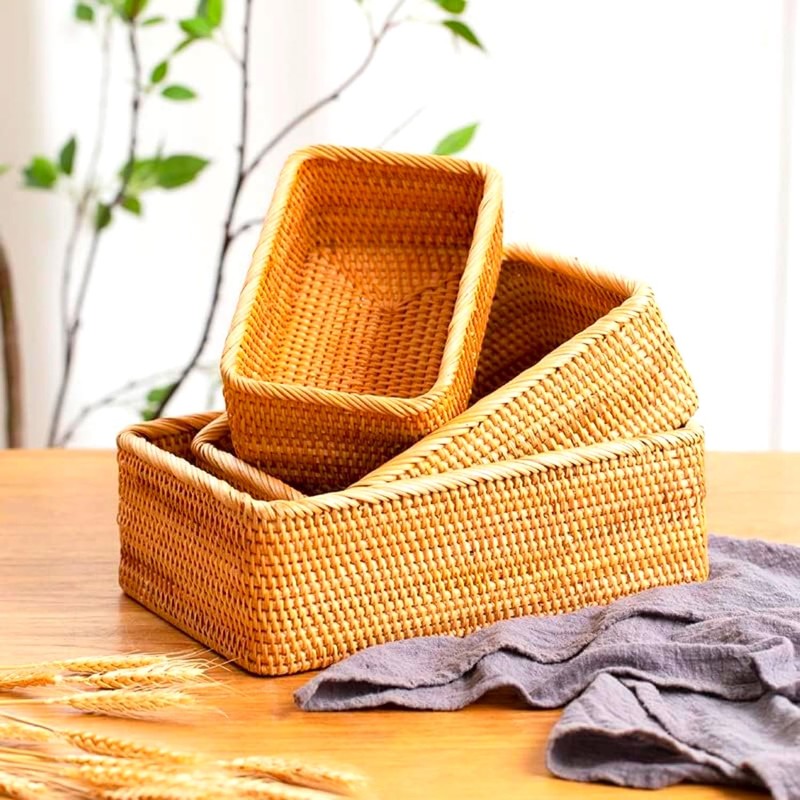 Natural Rattan Storage Baskets Set of 3 - Handwoven Wicker