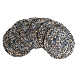 KAZI Essentials Boho Round Woven Placemats – Set of 6, Natural Wicker Twisted Raffia Placemats, Straw Braided Heat Resistant Non-Slip Weave, Eco-Friendly Handmade by African Artisans (13" Round, Blue)