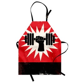 Ambesonne Fitness Apron, Grunge Display of Hand Lifting Dumbbell Effect Workout Vintage Design, Unisex Kitchen Bib with Adjustable Neck for Cooking Gardening, Adult Size, Vermilion Black