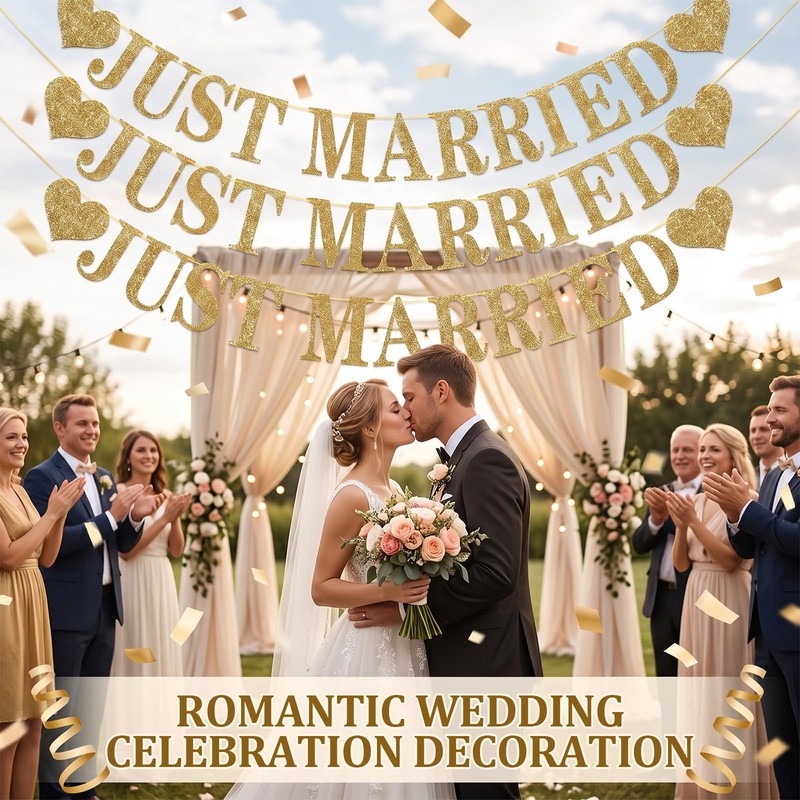 Guttiuaa Just Married Banner, 3 Pcs Gold Glitter Wedding Bunting
