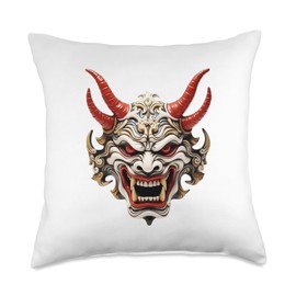 Scary Yokai Oni Mask Japanese Anime Warrior Throw Pillow