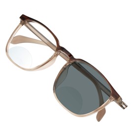 VisionGlobal Bifocal Reading Glasses, Photochromic Dark Brown/Grey Sunglasses for Men/Women, Classic Retro Square Eyewear Reduce Fatigue (Clear Brown, 0.00/+2.50 Magnification)