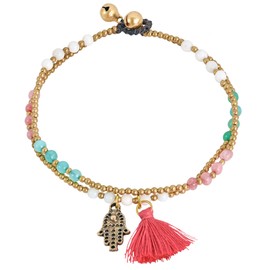 AeraVida Stylish Hamsa Hand & Red Tassel with Colored Glass & Brass Beads Link Anklet | Anklet Chain for Women | Hamsa Hand Anklet | Anklet Jewelry for Women