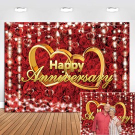Qian Valentine's Day Red and Gold Happy Anniversary Photography Backdrop 7 * 5ft Flower Red Rose Sweet Couple Photo Background Polyester Wedding Anniversary Party Banner Home Decorations