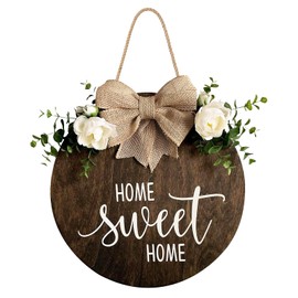 Home Sweet Home Farmhouse Welcome Sign, Round Wood Hanging Door Decor with Ribbon Bow and Faux Greenery, Rustic Porch Wreath for Thanksgiving, Christmas, Brown Front Door Hanger