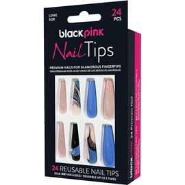 Blackpink Press-On Nail Tips Ready Painted Long Perfect Fit Ready To Go, Glue Included, Reusable, Glue on Nails, Long Nail Kit 24PC