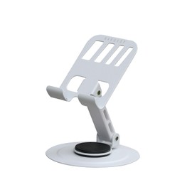 NAKUXOP Adjustable Phone Stand for Desk, 360° Rotation Metal Holder with Anti-Slip Grip, Fits 4-10" Phones & Tablets, Imitation Wood Grain Finish Base (W08-White)