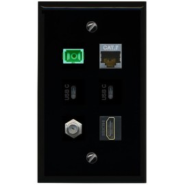 RiteAV CAT7 Coax HDMI SC APC Simplex Fiber 2 USBC Flat/Solid Wall Plate [Black]