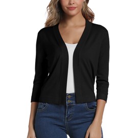 Women's 3/4 Sleeve Open Front Bolero Cardigan Shrug Solid Cardigan Top, black, m