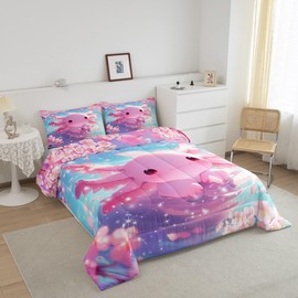 Feelyou Cartoon Axolotl Kids Comforter Set Twin Size,Cute Pink Salamander Bedding Set,Girls Boys Women Room Decor,Ocean Animals Down Comforter,Pink Cherry Blossom Duvet Insert,1 Pillow