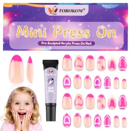 26PCS Press on Nails for Kids, TOROKOM Kid Fake Nail Set with Glue, French Pink Heart Stick on Nails for Girls Gift Age 8 9 10 11 12