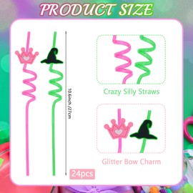 24pcs Plastic Drinking Straws Wizard and Princess Party Favors Crazy Straws Wizard Hat and Crown Shape, Green and Pink for Princess Theme Birthday Party Supplies