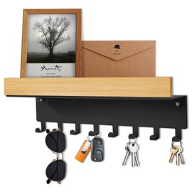TINIFO Wooden Key Rack with Shelf - Key Holder Wall Black, Modern Key Rack with 8 Hooks for Hallway Kitchen, Entrance Area