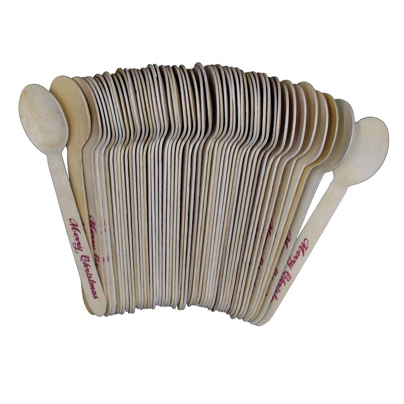 Disposable Wooden Spoons with Merry Christmas Print - 24 pack