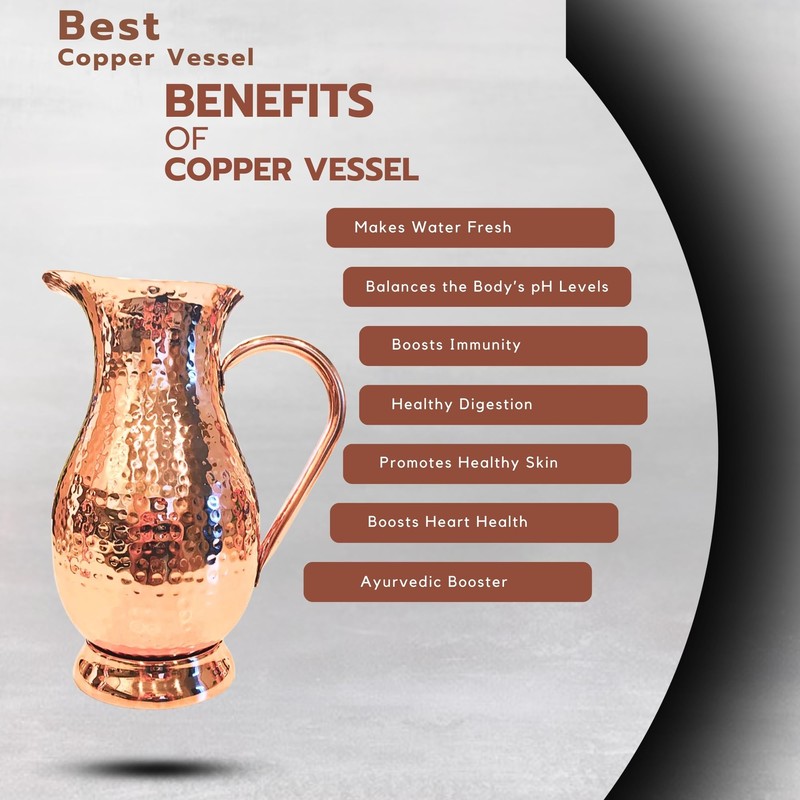 100% Pure Copper Pitcher 70 Ounces | Handmade Hammered Large