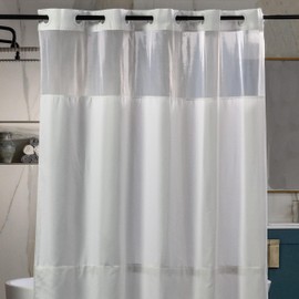 23 THREADS Fabric Shower Curtain for Bathroom, Water Resistant, Made from Sustainable Yarns, White, No Hook Needed, Textured Weave, Set with Window and Replaceable Compact Liner