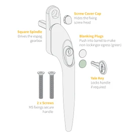White Yale UPVC Window Handle Inline Double Glazing Universal Key Locking Espag - 40mm Spindle
