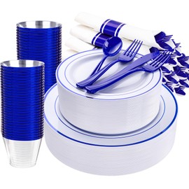 WELLIFE 350 Pcs Blue Plastic Plates for 50 Guests - Disposable Dinnerware Set,Party Supplies Includes 100 Blue Party Plates,150 Plastic Silverware,50 Napkins,50 Cups