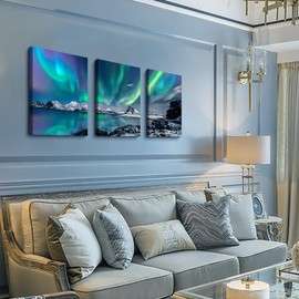 Lapremoly Wall Art - Aurora Scenery Landscape Wall Pictures, 16x24, 3 Piece Set, Ready To Hang For Living Room, Bedroom, Office, Farmhouse Room Decor