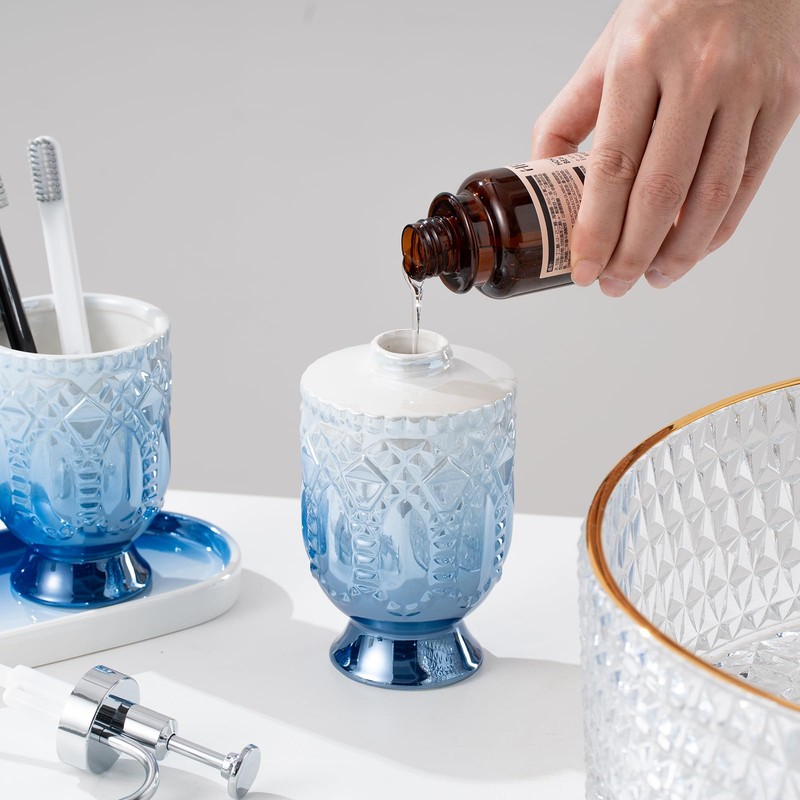 Ceramic Bathroom Accessories Set, 3pcs Blue Bathroom Soap Dispenser Sets