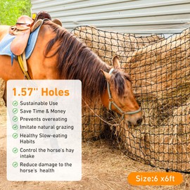 Large Round Bale Hay Net for Horses & Goats - Heavy Duty Knotless Slow Feeder Hay Net with 1.57 Inch Holes, Thick Nylon Mesh for Healthier Feeding of Livestock (6x6ft)