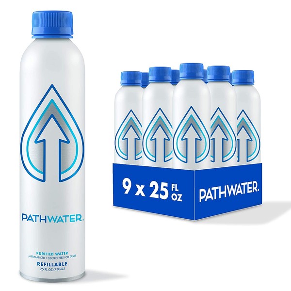PATHWATER Still Purified Bottled Water, Made in Eco-Friendly Reusable Aluminum Bottles, BPA-Free, Recyclable Water Bottles Can be Reused for Months, 25 FL OZ (Pack of 9)