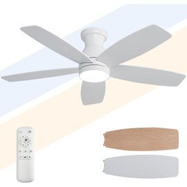 YSMELL 42 inch Flush Mount Ceiling Fans with Lights and Remote Control,Small Low Profile Ceiling Fan,Noiseless,Reversible DC Motor,Memory Program,White Hugger Ceiling Fans for Indoor Outdoor Use