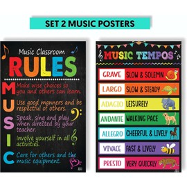 Jinniee Music Classroom Rules Posters for Elements Bulletin Board Musical Education Decor Primary School Middle and High Decorations or Homeschool Set 2 Posters 11x17 inches