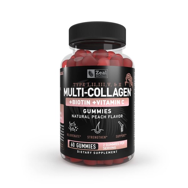Multi Collagen Peptide Gummies (1, 2, 3, 5 & 10) + Vitamin C + Biotin + Hyaluronic Acid | Supports Healthy Hair, Skin, and Nails | Non-GMO and Gluten-Free | Natural Peach Flavor | 60 Gummies