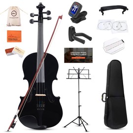 ADM Acoustic Violin for Kids Beginners, Acoustic Violin Fiddle for Teens Students Beginners Violin Starter Kit with Hard Case, Rosin, Shoulder Rest, Bow, Violin Music Stand Strings (Black, 3/4 Size)