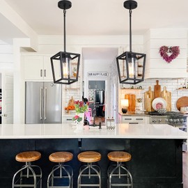 SGLfarmty 1-Light Black Pendant Lights Kitchen Island, Farmhouse Cage Metal Hanging Light Fixtures with Glass Shade，Adjustable Lantern Pendant Lighting for Dining Room, Entryway, Hallway