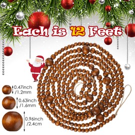 2 Pcs 24 Feet Christmas Wooden Bead Garland Xmas Farmhouse Beads Christmas Tree Farmhouse Decor Rustic Boho Garland Vintage Boho Decorations for Christmas Decoration Supply (Brown)