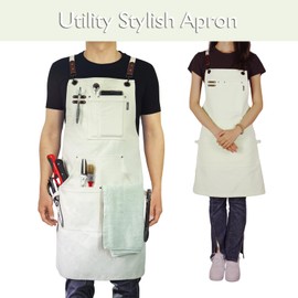 Stenffy Handmade Work Apron,Cotton Canvas,Multiple Pockets,Adjustable Cross Back Weight Apron,BBQ,Cafe,Kitchen,Painting,Carpenter,Artist Apron,Aprons for Men,Women,Sizes M to XXL,White